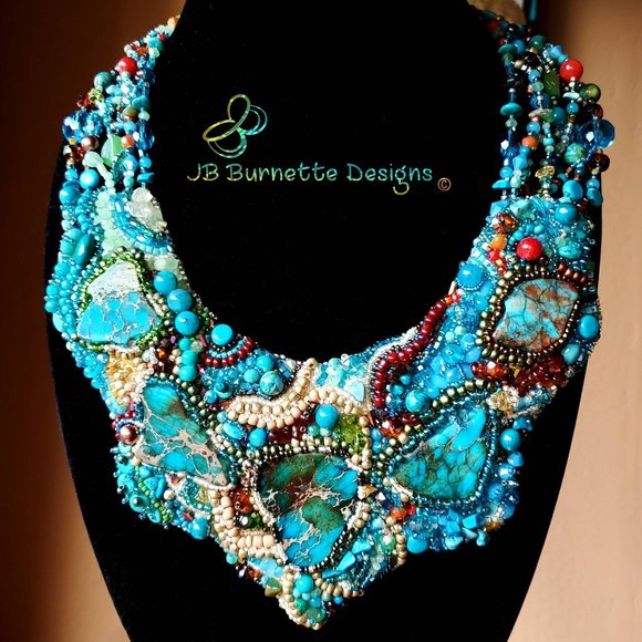 Turquoise Beaded Embroidery Statement Free-form Bib Necklace, Handmade Jewelry